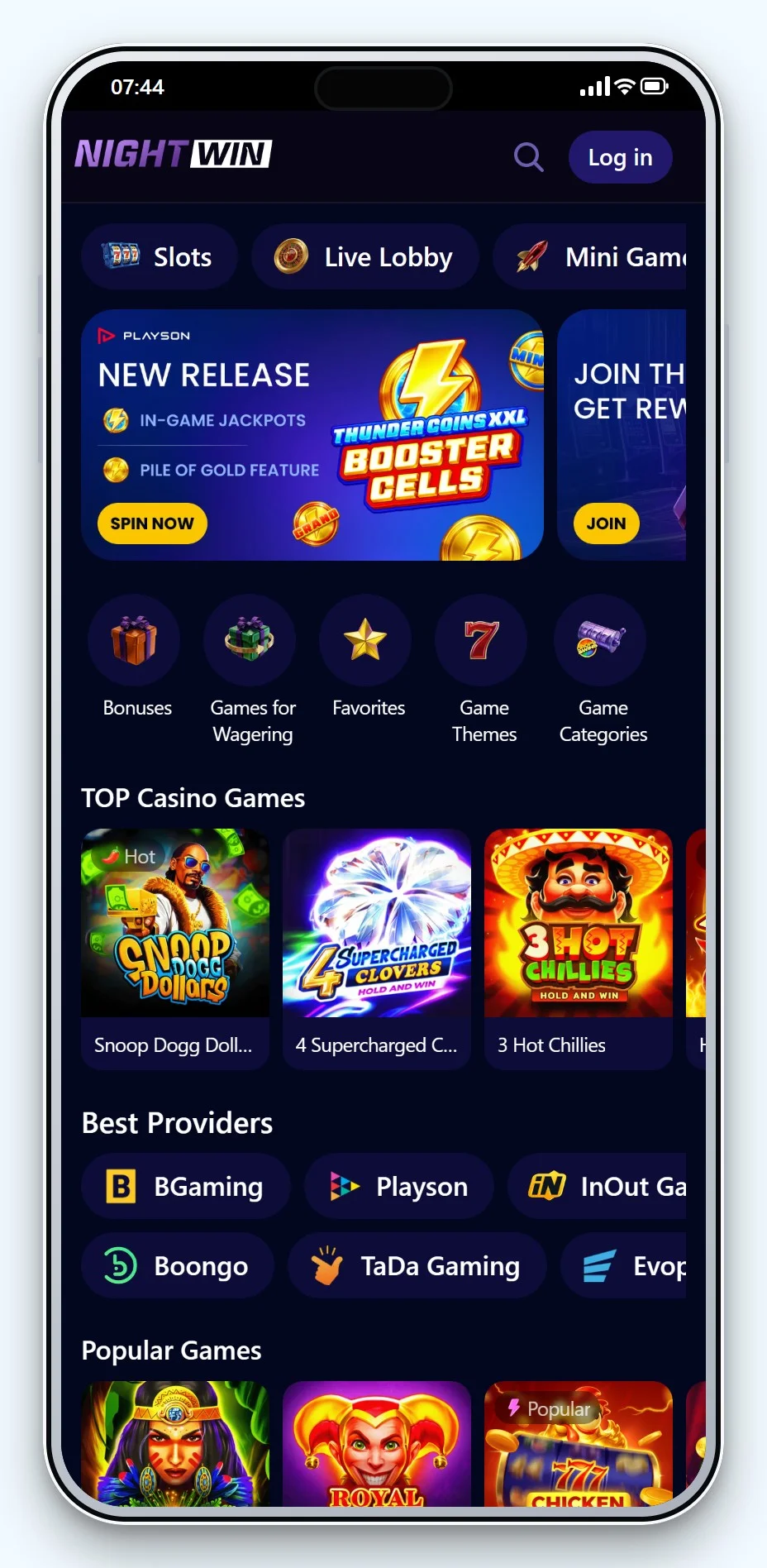 Curacao Casino Schweiz: NightWin mobile Lobby