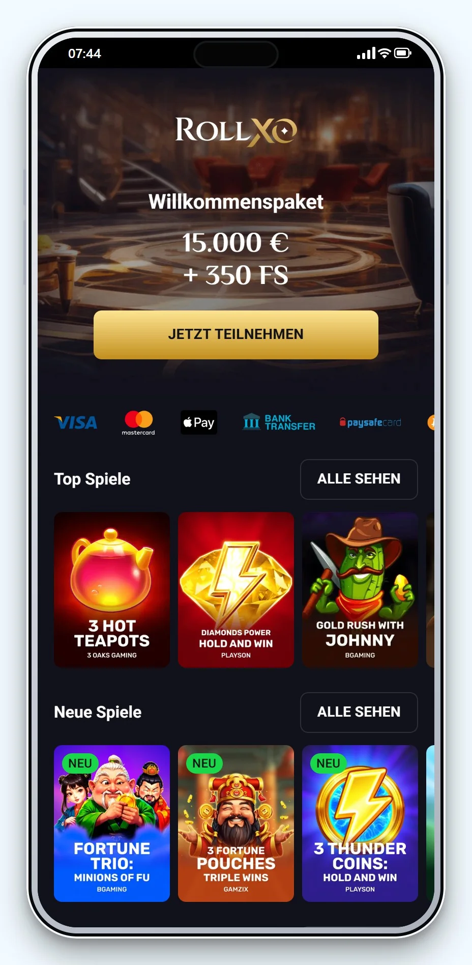 Online Casino Curacao: RollXO Lobby am Smartphone